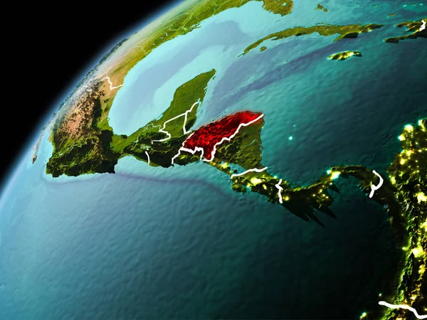 Dünya yörüngesi görünür kenarlık çizgisi ve şehir ışıkları ile akşam geç görülen Honduras Illustration. 3D çizim. Nasa tarafından döşenmiş bu görüntü unsurları.