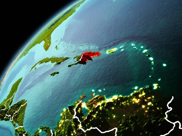 Dominik Cumhuriyeti dünya yörüngesi görünür kenarlık çizgisi ve şehir ışıkları ile akşam geç görülen Illustration. 3D çizim. Nasa tarafından döşenmiş bu görüntü unsurları.