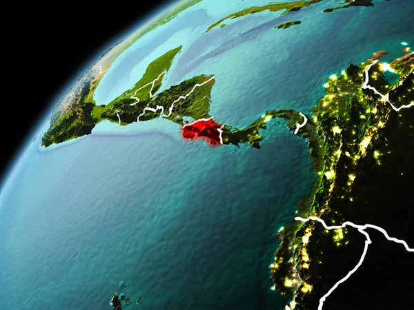 Kosta Rika dünya yörüngesi görünür kenarlık çizgisi ve şehir ışıkları ile akşam geç görülen Illustration. 3D çizim. Nasa tarafından döşenmiş bu görüntü unsurları.
