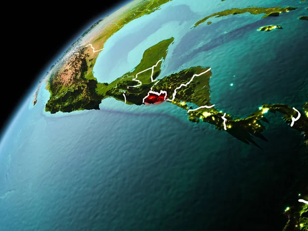 El Salvador dünya yörüngesi görünür kenarlık çizgisi ve şehir ışıkları ile akşam geç görülen Illustration. 3D çizim. Nasa tarafından döşenmiş bu görüntü unsurları.