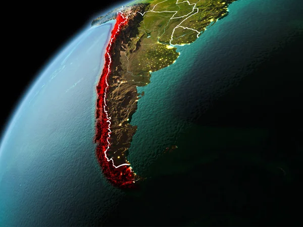 Dünya yörüngesi görünür kenarlık çizgisi ve şehir ışıkları ile akşam geç görülen Şili Illustration. 3D çizim. Nasa tarafından döşenmiş bu görüntü unsurları.