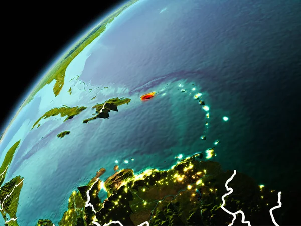 Dünya yörüngesi görünür kenarlık çizgisi ve şehir ışıkları ile akşam geç görülen Portoriko Illustration. 3D çizim. Nasa tarafından döşenmiş bu görüntü unsurları.