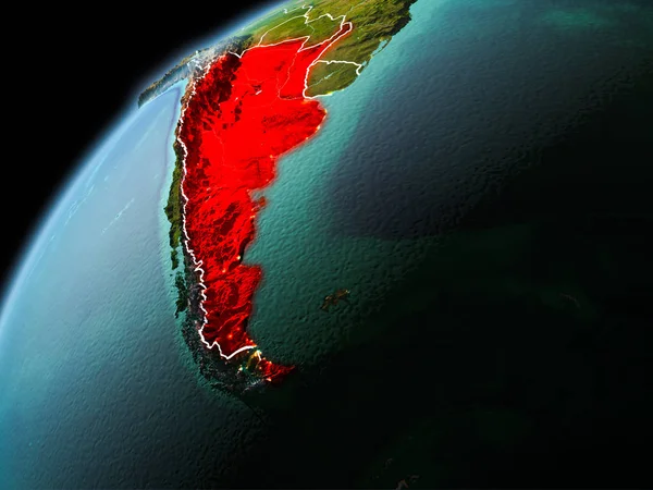 Dünya yörüngesi görünür kenarlık çizgisi ve şehir ışıkları ile akşam geç görülen Arjantin Illustration. 3D çizim. Nasa tarafından döşenmiş bu görüntü unsurları.