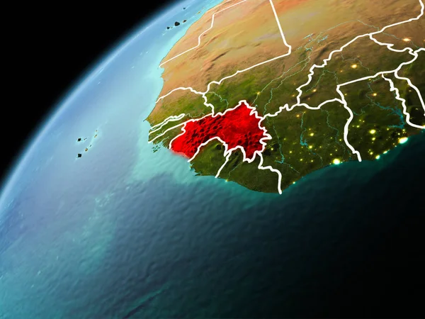 Ilustración Guinea Vista Desde Órbita Tierra Atardecer Con Líneas Fronterizas —  Fotos de Stock