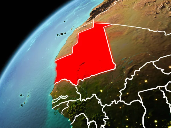 Dünya yörüngesi görünür kenarlık çizgisi ve şehir ışıkları ile akşam geç görüldüğü gibi Moritanya Illustration. 3D çizim. Nasa tarafından döşenmiş bu görüntü unsurları.