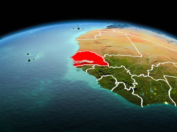 Sabah modeli görünür kenarlık çizgisi ve şehir ışıkları ile uzayda Dünya gezegeninin bir kırmızı vurgulanır Senegal yukarıda. 3D çizim. Nasa tarafından döşenmiş bu görüntü unsurları.