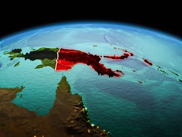 Sabah yukarıda Papua Yeni Gine modeli görünür kenarlık çizgisi ve şehir ışıkları ile uzayda Dünya gezegeninin bir kırmızı vurgulanır. 3D çizim. Nasa tarafından döşenmiş bu görüntü unsurları.