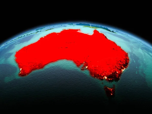 早晨在澳洲上面突出了以红色在行星地球的模型在空间以可看见的边界线和城市光 Nasa 提供的这个图像的元素 — 图库照片