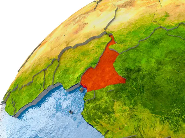 Kamerun görünür ülke sınırları ve gerçekçi su okyanuslardaki basit dünya üzerinde. 3D çizim. Nasa tarafından döşenmiş bu görüntü unsurları.