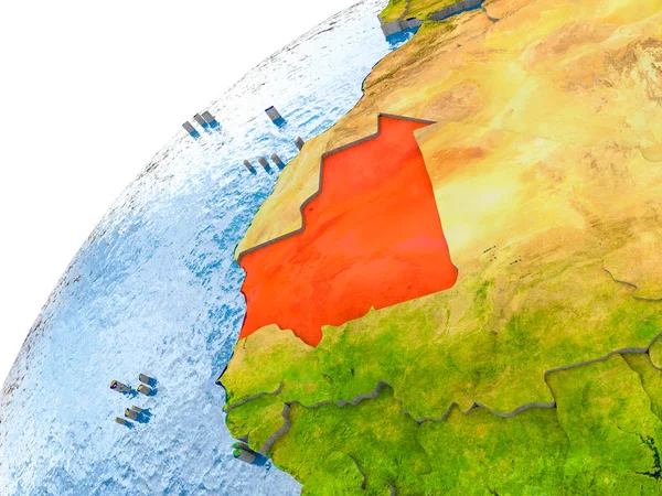 Mauritania on simple globe with visible country borders and realistic water in the oceans. 3D illustration. Elements of this image furnished by NASA.