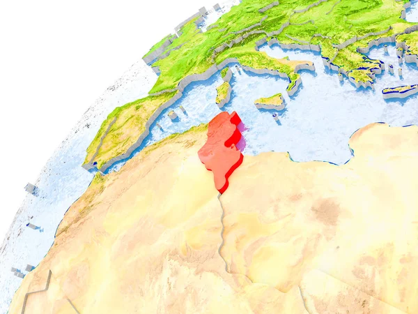 Tunisia on simple globe with visible country borders and realistic water in the oceans. 3D illustration. Elements of this image furnished by NASA.