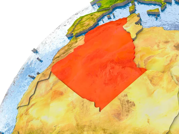 Algeria on simple globe with visible country borders and realistic water in the oceans. 3D illustration. Elements of this image furnished by NASA.