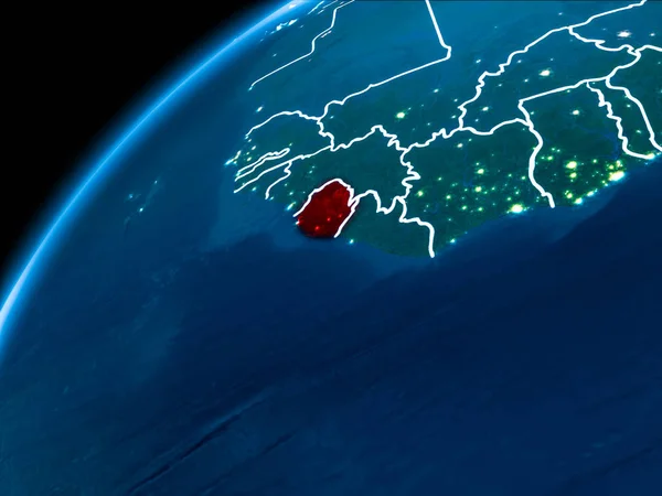 Sierra Leone highlighted in red from Earth orbit at night with visible country borders. 3D illustration. Elements of this image furnished by NASA.