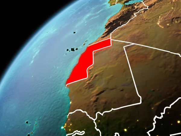 Illustration of Western Sahara as seen from Earth orbit in late evening with visible border lines and city lights. 3D illustration. Elements of this image furnished by NASA.