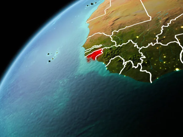 Dünya yörüngesi görünür kenarlık çizgisi ve şehir ışıkları ile akşam geç görüldüğü gibi Gine Bissau Illustration. 3D çizim. Nasa tarafından döşenmiş bu görüntü unsurları.