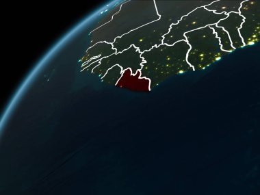 Liberya kırmızı Planet Earth görünür sınır çizgileri ve şehir ışıkları ile gece. 3D çizim. Nasa tarafından döşenmiş bu görüntü unsurları.