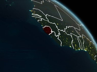 Sierra Leone görünür sınır çizgileri ve şehir ışıkları ile gece Dünya gezegeninin yörüngeden. 3D çizim. Nasa tarafından döşenmiş bu görüntü unsurları.