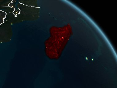 Madagaskar görünür sınır çizgileri ve şehir ışıkları ile gece Dünya gezegeninin yörüngeden. 3D çizim. Nasa tarafından döşenmiş bu görüntü unsurları.