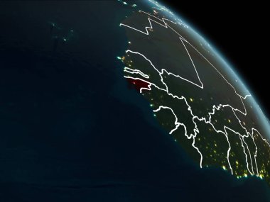 Gine-Bissau görünür sınır çizgileri ve şehir ışıkları ile gece Dünya gezegeninin yörüngeden. 3D çizim. Nasa tarafından döşenmiş bu görüntü unsurları.