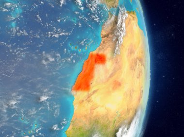 Alan görünümünü Batı Sahra Planet Earth atmosfer ile kırmızı vurgulanır. 3D çizim. Nasa tarafından döşenmiş bu görüntü unsurları.