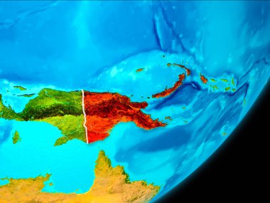 Papua Yeni Gine Haritası Planet Earth beyaz sınır çizgileri ile uzaydan görüldüğü gibi kırmızı. 3D çizim. Nasa tarafından döşenmiş bu görüntü unsurları.