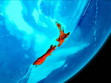 Yeni Zelanda Haritası Planet Earth beyaz sınır çizgileri ile uzaydan görüldüğü gibi kırmızı. 3D çizim. Nasa tarafından döşenmiş bu görüntü unsurları.