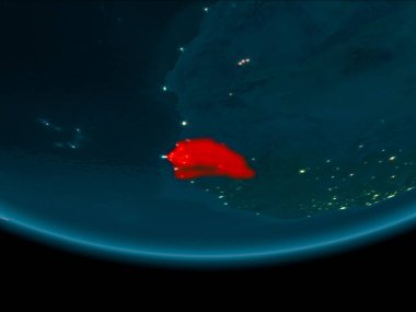 Senegal gece Planet Earth kırmızı vurgulanır. 3D çizim. Nasa tarafından döşenmiş bu görüntü unsurları.
