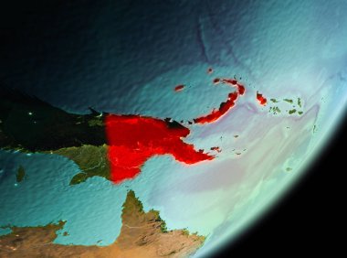 Papua Yeni Gine sabahları Planet Earth kırmızı vurgulanır. 3D çizim. Nasa tarafından döşenmiş bu görüntü unsurları.