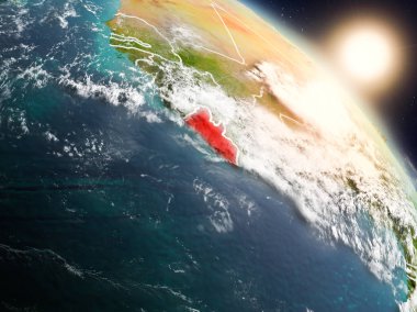 Günbatımı Liberya Planet Earth görünür ülke sınırları ile uzaydan yukarıda. 3D çizim. Nasa tarafından döşenmiş bu görüntü unsurları.