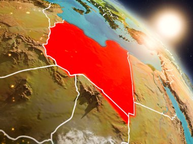 Günbatımı Libya Planet Earth görünür ülke sınırları ile uzaydan yukarıda. 3D çizim. Nasa tarafından döşenmiş bu görüntü unsurları.