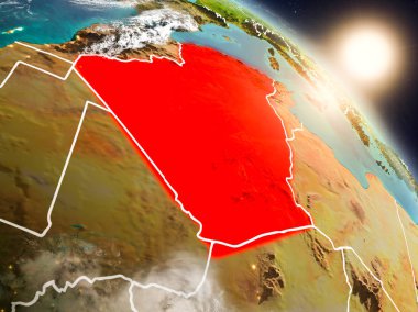 Günbatımı Cezayir Planet Earth görünür ülke sınırları ile uzaydan yukarıda. 3D çizim. Nasa tarafından döşenmiş bu görüntü unsurları.