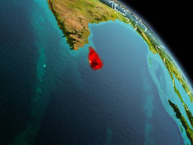 Sabah erken görünümü Sri Lanka Planet Earth görünür kenarlık çizgileri ve şehir ışıkları kırmızı vurgulanır. 3D çizim. Nasa tarafından döşenmiş bu görüntü unsurları.