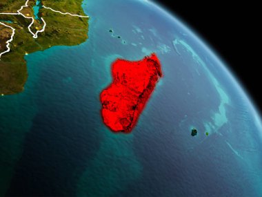 Sabah erken görünümünü Madagaskar Planet Earth görünür kenarlık çizgileri ve şehir ışıkları kırmızı vurgulanır. 3D çizim. Nasa tarafından döşenmiş bu görüntü unsurları.