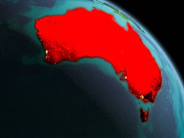 Sabah erken görünümü Avustralya Planet Earth görünür kenarlık çizgileri ve şehir ışıkları kırmızı vurgulanır. 3D çizim. Nasa tarafından döşenmiş bu görüntü unsurları.