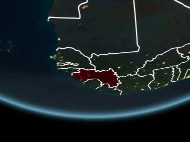 Gine görünür Kenarlıklar ve şehir ışıkları ile gece Planet Earth kırmızı vurgulanır. 3D çizim. Nasa tarafından döşenmiş bu görüntü unsurları.