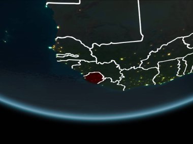 Sierra Leone görünür Kenarlıklar ve şehir ışıkları ile gece Planet Earth kırmızı vurgulanır. 3D çizim. Nasa tarafından döşenmiş bu görüntü unsurları.