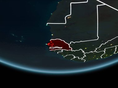 Senegal görünür Kenarlıklar ve şehir ışıkları ile gece Planet Earth kırmızı vurgulanır. 3D çizim. Nasa tarafından döşenmiş bu görüntü unsurları.