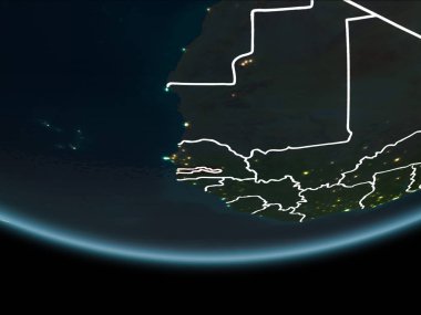 Gambiya görünür Kenarlıklar ve şehir ışıkları ile gece Planet Earth kırmızı vurgulanır. 3D çizim. Nasa tarafından döşenmiş bu görüntü unsurları.