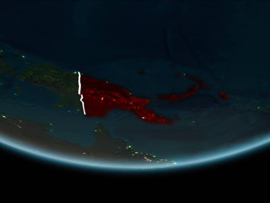 Papua Yeni Gine görünür Kenarlıklar ve şehir ışıkları ile gece Planet Earth kırmızı vurgulanır. 3D çizim. Nasa tarafından döşenmiş bu görüntü unsurları.
