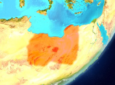Uydu görüntüsü Libya Planet Earth bulutlar ile kırmızı vurgulanır. 3D çizim. Nasa tarafından döşenmiş bu görüntü unsurları.