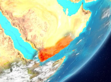Uydu görüntüsü Yemen Planet Earth bulutlar ile kırmızı vurgulanır. 3D çizim. Nasa tarafından döşenmiş bu görüntü unsurları.