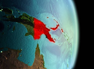 Sabah erken görünümü, Papua Yeni Gine Planet Earth kırmızı vurgulanır. 3D çizim. Nasa tarafından döşenmiş bu görüntü unsurları.