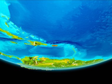 Porto Riko görünür sınır çizgileri ile Dünya gezegeninin yörüngeden. 3D çizim. Nasa tarafından döşenmiş bu görüntü unsurları.