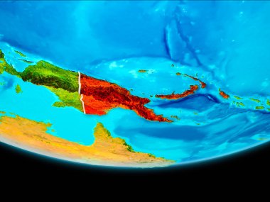 Papua Yeni Gine görünür sınır çizgileri ile Dünya gezegeninin yörüngeden. 3D çizim. Nasa tarafından döşenmiş bu görüntü unsurları.