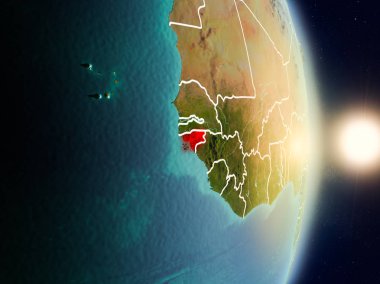 Gine-Bissau red Planet Earth görünür ülke sınırları ile vurgulanmış gündoğumu sırasında. 3D çizim. Nasa tarafından döşenmiş bu görüntü unsurları.