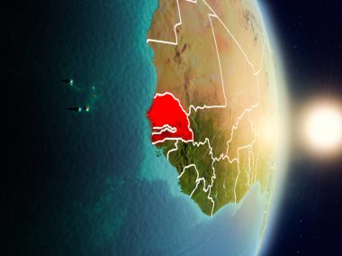 Senegal red Planet Earth görünür ülke sınırları ile vurgulanmış gündoğumu sırasında. 3D çizim. Nasa tarafından döşenmiş bu görüntü unsurları.