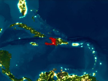 Uydu gece görünümü Haiti Planet Earth kırmızı vurgulanır. 3D çizim. Nasa tarafından döşenmiş bu görüntü unsurları.