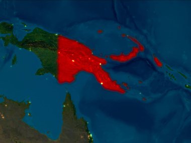 Uydu gece görüntüsü, Papua Yeni Gine Planet Earth kırmızı vurgulanır. 3D çizim. Nasa tarafından döşenmiş bu görüntü unsurları.