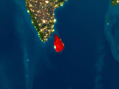 Uydu gece görünümü Sri Lanka Planet Earth kırmızı vurgulanır. 3D çizim. Nasa tarafından döşenmiş bu görüntü unsurları.