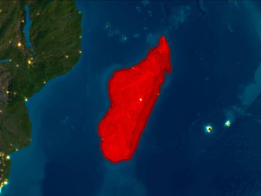Uydu gece görünümü Madagaskar Planet Earth kırmızı vurgulanır. 3D çizim. Nasa tarafından döşenmiş bu görüntü unsurları.